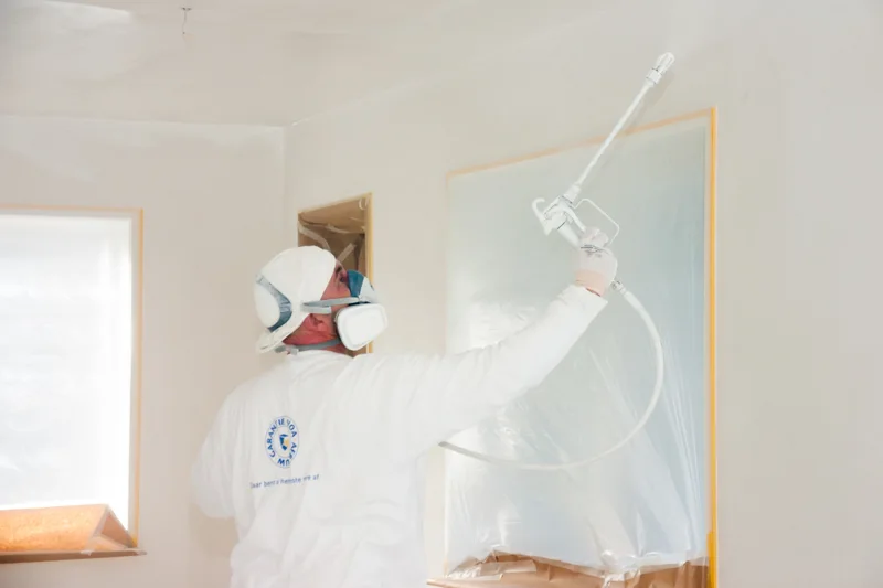 De vakman van Schot Stukadoor brengt latex aan met een airless spuit